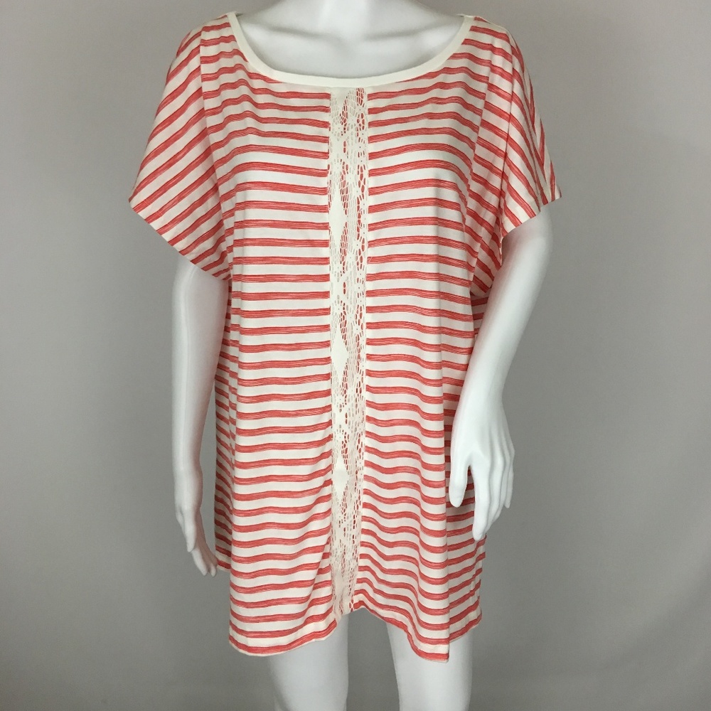 Red White Stripe Center Lace Top Tunic XXL